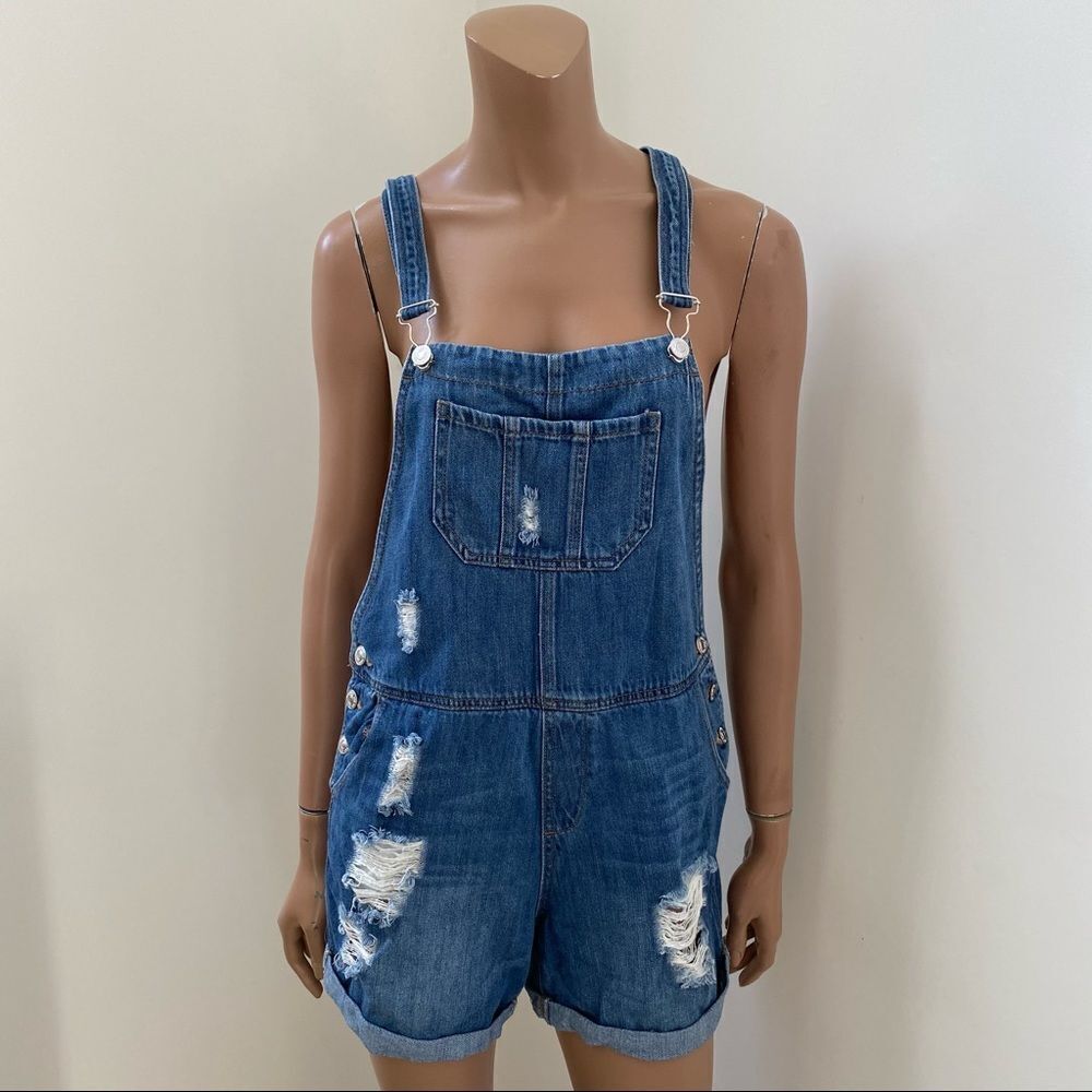 Mango Medium Wash Blue Denim Distressed Overalls M - Picture 4 of 10
